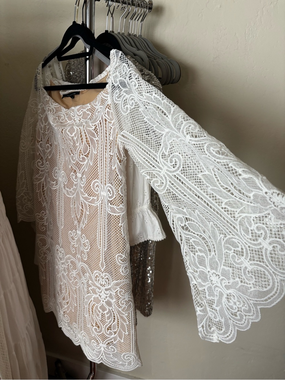 White Lace Bell Sleeve Tunic mini dress